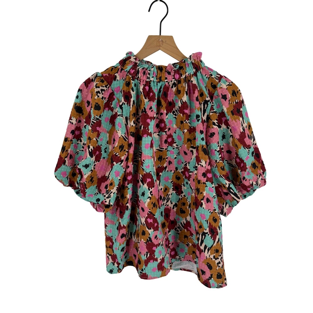 Boutique THML Floral Boho Top Multicolor L Puff Sleeve Mock Neck Artsy Dopamine